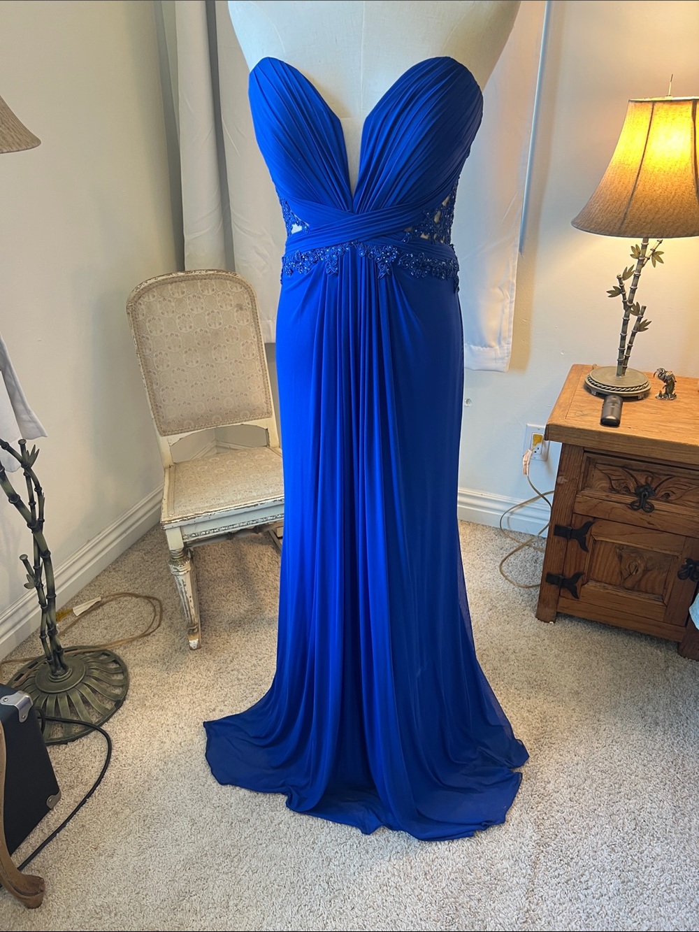 Strapless Cobalt Blue Evening Gown with Beaded Waist